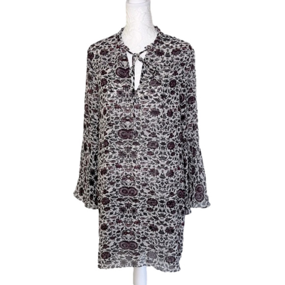 Chelsea28 Bell Sleeve Floral Split Tie Neck Sheer Dress Cover-Up - Size Small - Picture 1 of 9